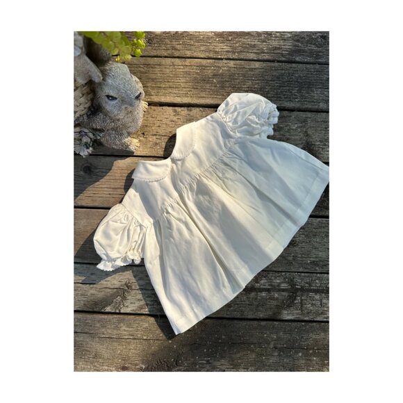 Vtg 50s Hand Smocked Infant Dress White Pink Blue Peter Pan Collar Short Puff Sl - Picture 4 of 5